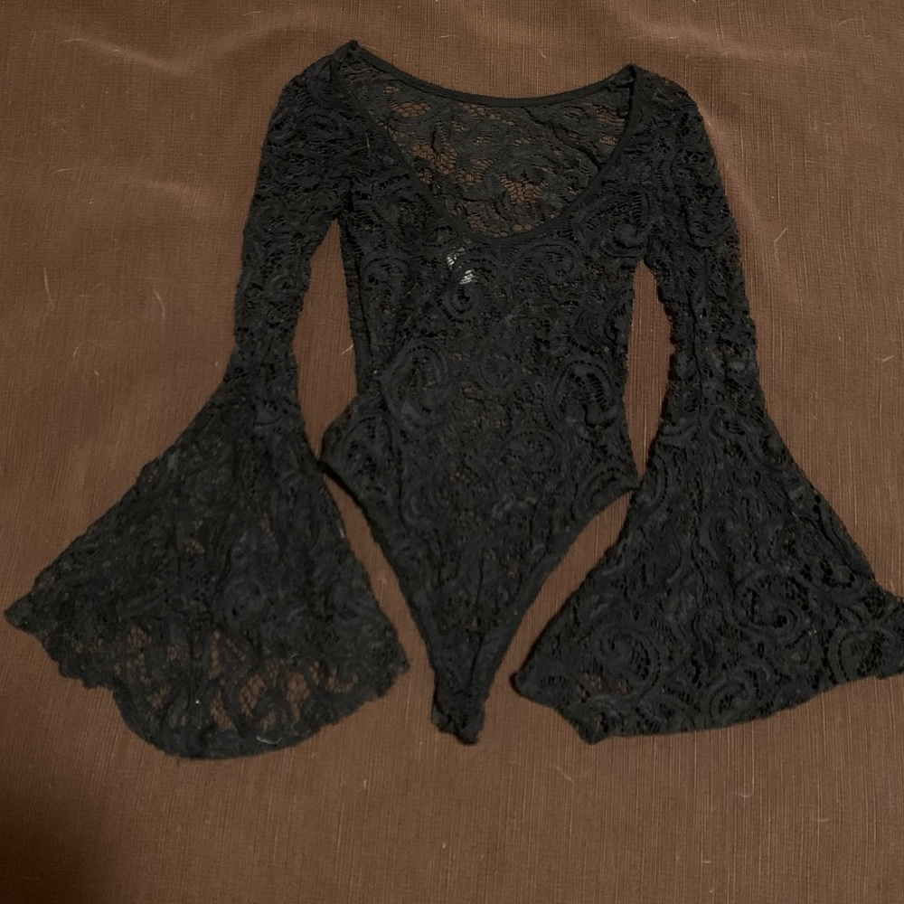 Black Lace Bell Sleeve Bodysuit